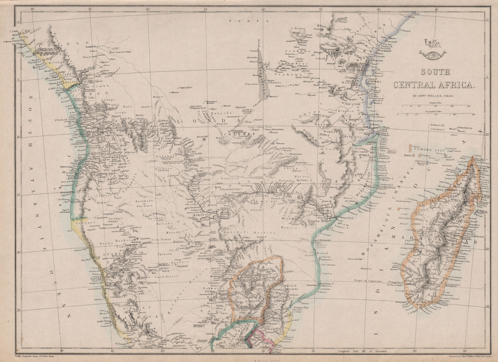SOUTH CENTRAL AFRICA. Shows Zambesi river as circular! WELLER 1863 old map